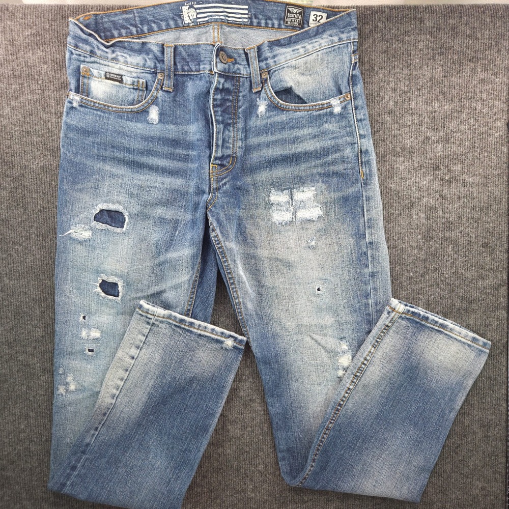 Born Fly Men Distressed Denim Jeans Blue Light Wash Button Fly Size 32 Y2K Style - Picture 8 of 11